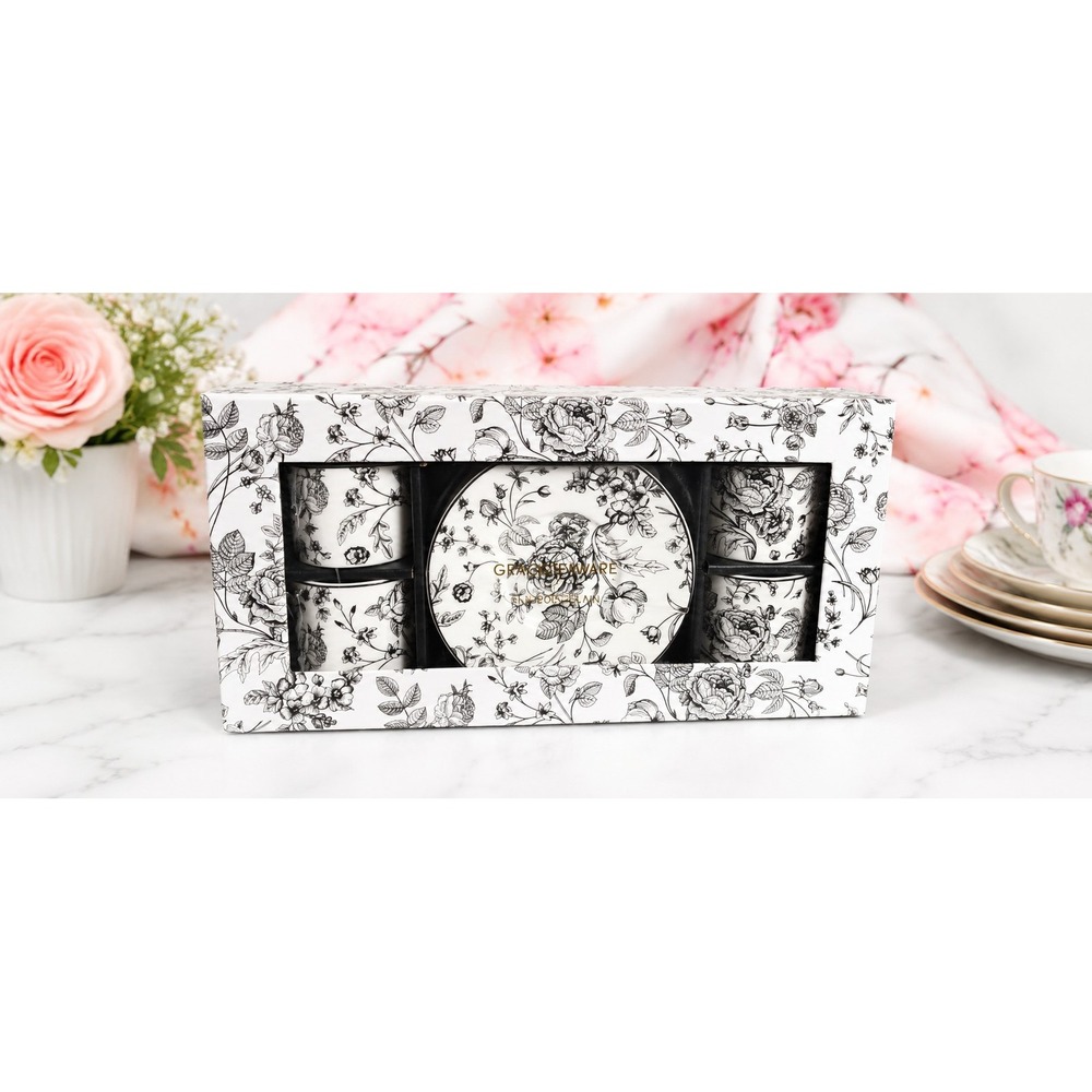Grace Teaware 8-Piece Gift Set Black & White Floral
